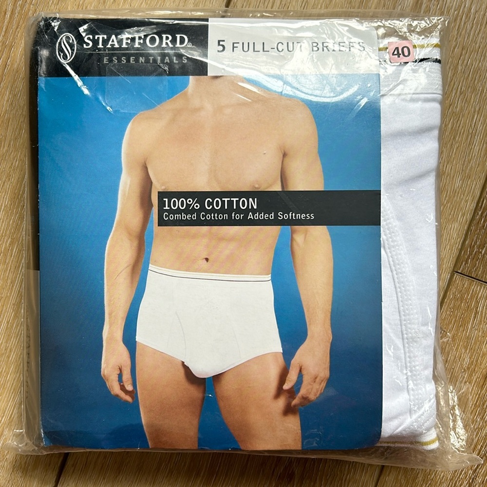 NEW Stafford 40 5-Pack Full-Cut White Brief 100% Cotton Underwear Essent…